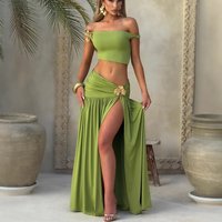 Summer Skirt Set Women Metal Flower Sexy Off Shoulder Slim Crop Top High Slit Skirt Sets Fashion Backless Pleated 2 Piece Suits