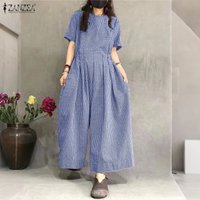 ZANZEA 2026 Summer O Neck Short Sleeve Rompers Fashion Women Jumpsuits Wide Leg Trousers Plaid Overalls Pants Playsuits Oversize