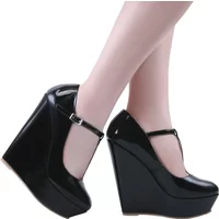 Women Platform Wedge Pumps Autumn Winter 14cm Super Round Toes High Heels T-Strap Gladiator Ladies Dress Party Wedding Shoes