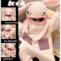Thickened Coral Fleece Pajamas Rabbit Design Winter Sleepwear Hooded Cartoon Print Sleeprobe for Young Women Home Comfortable