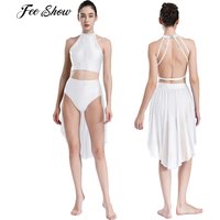 Women Figure Skating Outfit Lyrical Modern Dance Gymnastics Ballet Performance Costume Sleeveless Crop Top with Leotard Skirt
