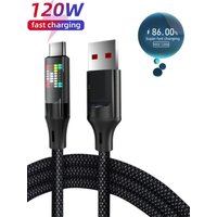 120W Type C Fast Charging Cable 6A USB A to Type C Nylon Data Cord for Huawei Xiaomi Samsung With Led Display USB C Cable
