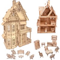 3D Wooden Puzzle Doll House Villa Model DIY Assembled Miniature Dollhouse Furniture Girls Pretend Play Toys For Children Kids
