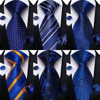 Royal Blue Striped Floral Men Ties Business Wedding Party Accessories 8cm Necktie Handkerchief Cufflinks GIft for Husband