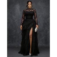 Elegant Lace Mesh Formal Evening Dress for Women's Plus Size Splice Hollow Out Split Hem Layer High Waist Cocktail Elegant Dress