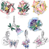 Silver 925 Purple Flower Charm Beads Fit Original Bracelets Bag Keychain Charms Beads Pendant Diy Women Jewelry Gift