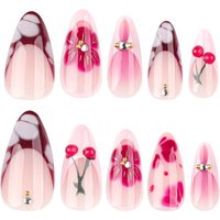 24pcs Red Flower Printed Press On Nails Smudging Blush Cute Cherry Decor False Nails Short Almond French Style Fake Nail Tips