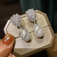 Huitan Aesthetic Women Simulated Pearl Hanging Earrings Brilliant Cubic Zirconia Wedding Engagement Jewelry Drop Shipping