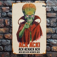 Flat 2D Vintage Mars Attack! Vintage Alien Metal Durable Metal Wall Art, High-Quality Print, Green Skull Alien