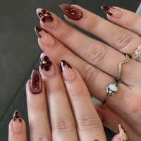 10pcs Autumn Winter Short Almond False Nails Animal Print Press on Nails Floral Rhinestone Fake Nails Brown French Tips Nail Art