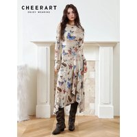 CHEERART Butterfly Letter Print Off The Shoulder Mesh Long Dress For Women 2023 A Line Long Sleeve Bodycon Midi Dress Autumn