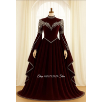 Burgundy Crystal Appliqué Long Sleeve Ball Gown Customized Muslim Evening Gown Formal Occasion Dress Wedding Party Dress 2026