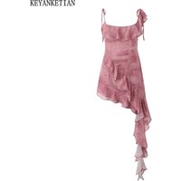 KEYANKETIAN 2024 New Launch Women Tie-dye Printed Sheath Dress Retro style Asymmetrical Tiered Ruffles Elastic Halter Mini Dress