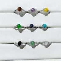 natural stone topaz tiger eye green aventurine oval ring copper silver-plated adjustable ring for women Birthday gift jewelry