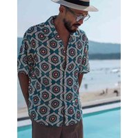 Summer 2024 Men's Short Sleeve Shirt Thin Fashionable Design National Style Standard Fit Button up Polyester Nylon Youth Popular