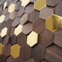 Hexagon 3D Wood Wall Art for Teahouse Black Walnut Wood Metal Mosaic Tile TV Background Interior Art Wall Decor Wall Stickers