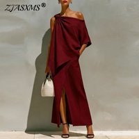 Women's Elegant Solid Two Piece Outfit One Shoulder Top + High Waist Slit Long Skirt Suits Summer Asymmetrical Hollow Party Sets