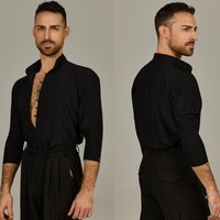 Black V-Neck Long Sleeves Latin Dance Top Men'S Modern Dancing Tops Adults Samba Ballroom Dance Shirt Training Suit SL15120