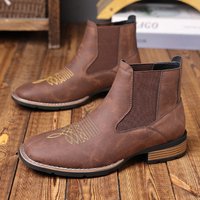 Men's Wide Width Embroidered Chelsea Boots Slip-On Elastic Ankle Boots Comfortable Durable High Top Fashion Leather Shoes