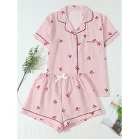 Two-Piece Comfortable Red Striped Bow Print Lapel Button Short-Sleeve Top with Pockets and Bow Shorts Spring/Summer Women's Pajama Loungewear Set Suitable for Home Use