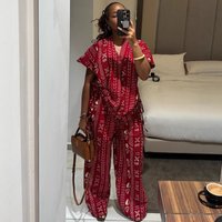 New African Fashion Vintage Casual Printed Women Two Piece Set Short Sleeve drawstring Waist and Loose Pants Set Outfits