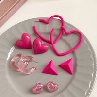 5 Pairs Fuchsia Heart Triangle Earring Set Lovely Girls Geometric Neon Color Multi Earrings C Hoop Set Girls Summer Jewelry