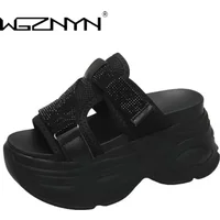 NEW Women 8.5cm Platform Slippers Air Mesh Chunky Sandals Beach Shoe Bling Wedge Heels Peep Toe Slides Ladies Outside Flip-Flops
