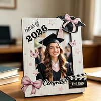 1 Pcs Class of 2026 Graduation Photo Frame - Pink Bow Wooden Keepsake - Freestanding Desk Decor for Graduates