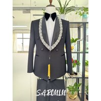 Elegant Black Wedding Suit Men Groom Shawl Lapel Delicate Crystal Beaded Double Breasted 2 Piece Tuxedo For Prom Gala Banquet