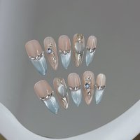 10pcs Handmade Blue Cat Eye Press on Nails with Glitter Diamond Design Fake Nails Wearable Detachable Sweet Almond False Nails