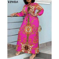 Plus Size 5XL VONDA Elegant Dress Women Bohemian Long Lantern Dress Printed Bow Tie Maxi Sundress Casual Belted Party Robe