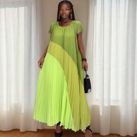 Pleated Dress Women Party Long Dresses Patchwork Vestidos Folds Round Collar Short Sleeve A Line 2026 Summer Female Maxi Gown