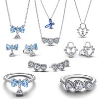 Original 925 Sterling Silver Charms Pendant Blue Bow Suit Bead For Wome Rings Earrings Necklace DIY Bracelet Fine Jewellery Gift