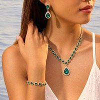 Light Luxury Green Crystal Teardrop Bridal Jewelry Set For Women Full Zircon Necklace Earring Bracelet Wedding Dress Accessories