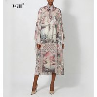 VGH Solid Loose Spliced Printing Dresses for Women Turtleneck Long Sleeve Vintage Elegant Dress Female Summer Fashion Style New