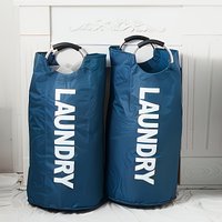 Large Waterproof Laundry Basket Foldable, Contemporary Round Polyester Blend Hamper with Aluminum Handles for Bathroom Storage