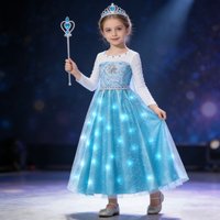Girl's Glowing Tulle Elsa Princess Dress Ccosplay Long Sleeve Snowflake Decorated Flared Skirt with LED Light crinoline Dresses