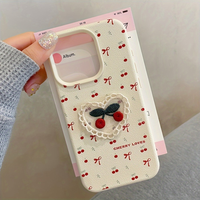 Korean Cute 3D Embroidery Cherry Bowknot Bow Leather Pattern Soft Case For iPhone 16 15 14 13 12 11 Pro Max X XR XS Max Cover