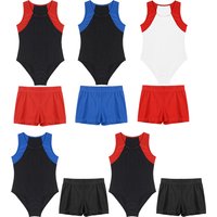 Sleeveless Gymnastic Yoga Workout Competition Fashion Costumes Outfits for Kids Boys Leotard Bodysuit Jumpsuit with Shorts Sets