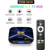 TV98 H618 Boîtier TV intelligent Allwinner H618 4 Go de RAM 64 Go de ROM Android 14 WiFi double bande 2.4G et 5.8G Lecteur multimédia vidéo 8K HDR