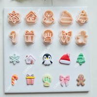 10pcs Christmas Snowflake House Penguin Hat Tree Crutch Gift Box Snowglobe Bow Gingerbread Man Clay Cutters for Jewelry Making