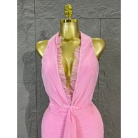 Sexy Pink Sheer Mesh Halter Maxi Dress Deep V Neck Ruched Bodycon Long Gown for Wedding Guest Cocktail Party