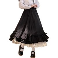 Korean Style Black White Half Skirt Female Long Skirts Japanese Solid Color Double Layer Vintage French Ruffled A-line Skirt