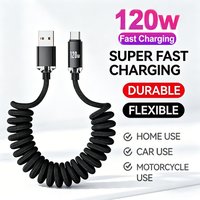 120W Car Spring Data Cable Retractable USB C To Type C Fast Charging USB A To Type C For iPhone 15 16 17 Samsung Xiaomi Huawei