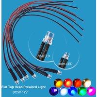 10pcs 3mm 5mm Flat LED DC 5V-12V Pre-Wired Water Clear Leds Red Yellow Blue Green White Orange Pink UV Light Lamp Bulb
