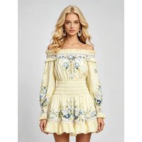 Summer Yellow Floral Print Cotton-Blend Off-the-Shoulder Resort Dresses Women's Slash Neck Long Sleeve Elastic Waist Short Dress