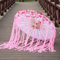 82cm Pink Flowers Silk Decorative Umbrella Han Cos Props Tassel Umbrella Ancient Chinese Classic Oil Paper Parasol