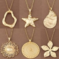 Matt Gold Color Fashion Large Abstract Metal Boho Medallion Jewellery Pendant Necklaces on Long Link Chain Lagenlook 34"