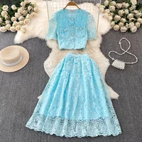 Korean Fashion Sweet Lace Set Two Piece Skirt Suits Lace Embroidery Flower Short Sleeve Shirt Tops Midi Skirt Women's Outfits