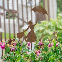 Rusty-Colored Girl Holding an Umbrella Garden Decoration, Rusty-Colored Garden Decoration of a Girl Holding an Umbrella, Decorative Rusty-Colored Statue